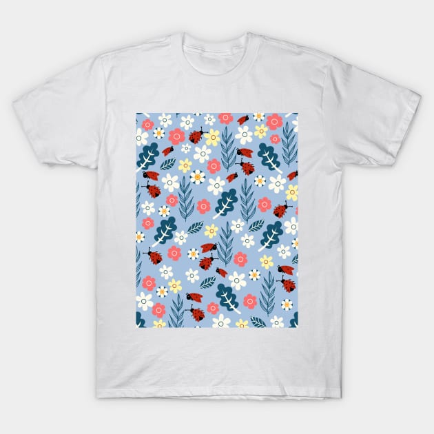 Spring meadow in bloom with ladybirds on sky blue background T-Shirt by Arch4Design